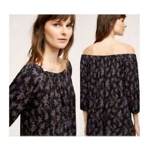 Deletta Anthropologie Caitha Black Off Shoulder Floral Top XS XSP Petite Rayon